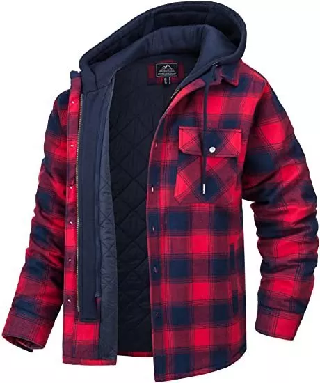 Mens Check Hoody Coats Padded Lumberjack Shirt-Fleece Hooded Work Jacket Outwear