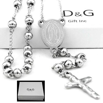 DG Stainless Steel 25" Beaded Rosary VIRGIN MARY,JESUS CROSS Chain BOX