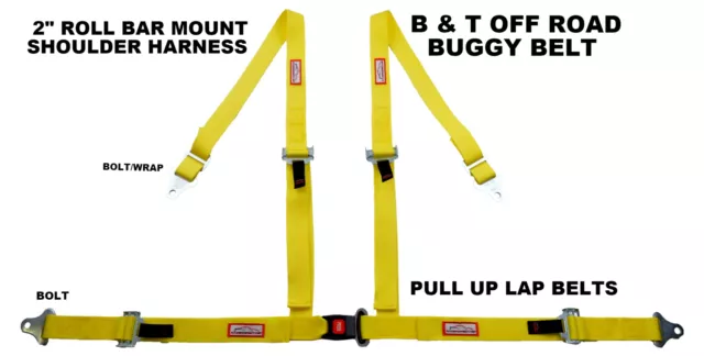 Racerdirect Yellow 4 Point Seat Belt Harness Pull Up Lap Belts Roll Bar Mount