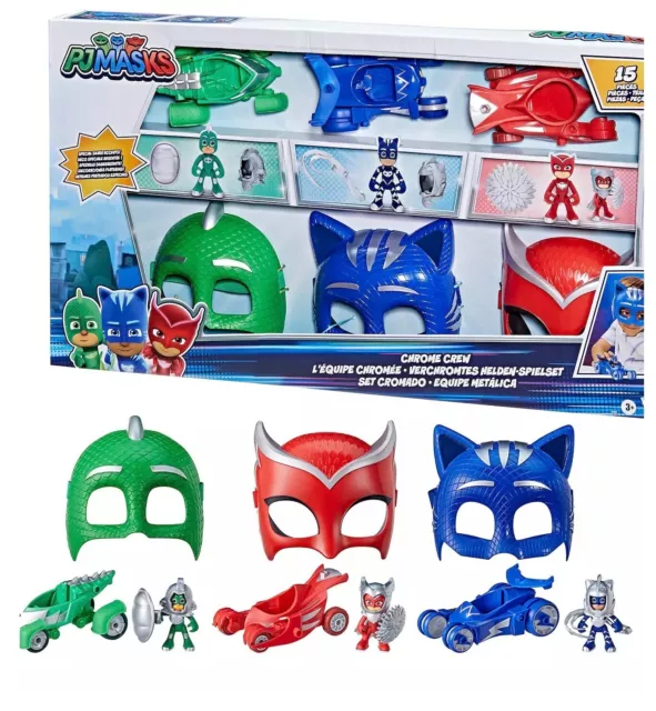 PJ Máscaras Cromadas Crew Fingir Juguete Juego Vehículo Set 15 piezas Catboy, Gekko, Owlette