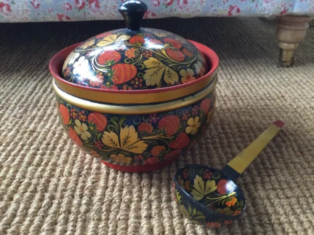 Large Russian Khokhloma hand painted covered tureen bowl