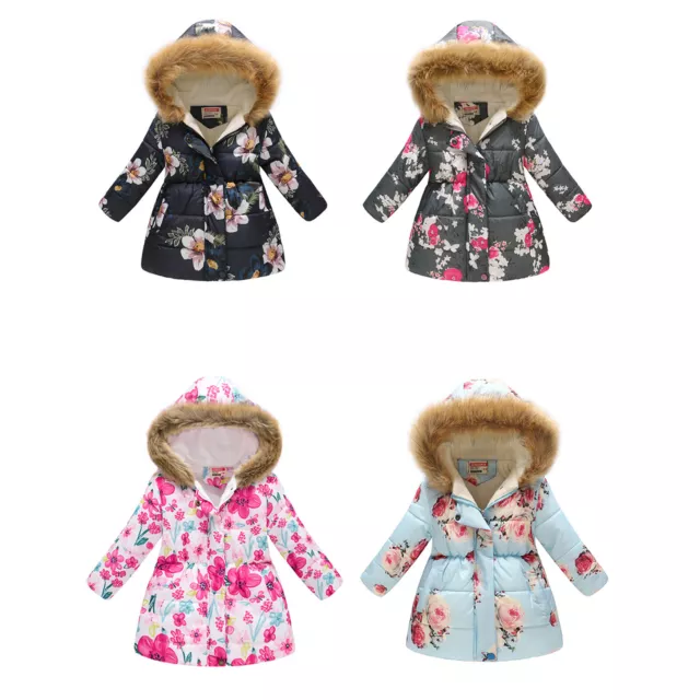 Girls Long Sleeve Print Zipper Closure Hooded Jackets Coat Winter Warm Outerwear