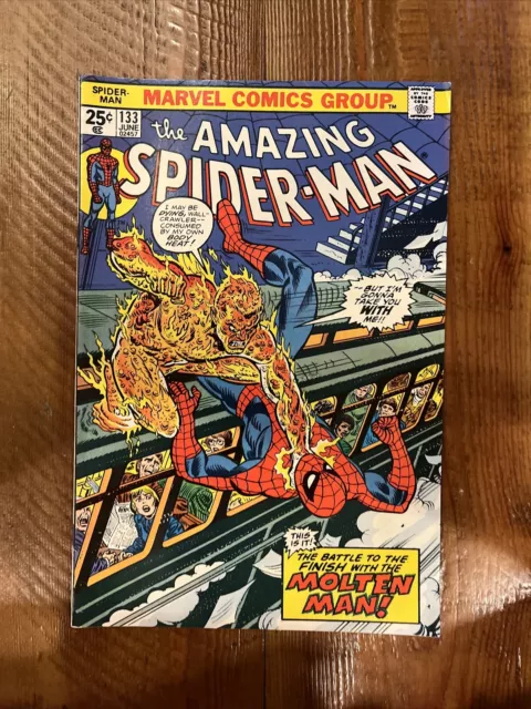 The Amazing Spider-Man #133 (Marvel Comic, June 1974) Battle With The Molten Man