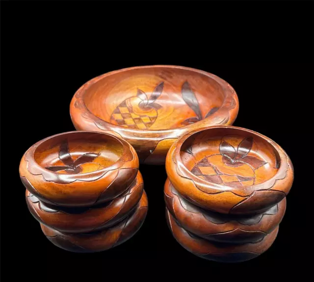 Vintage 7 Piece Hand Carved Solid Wood Salad Bowl Set Floral Pineapple Theme