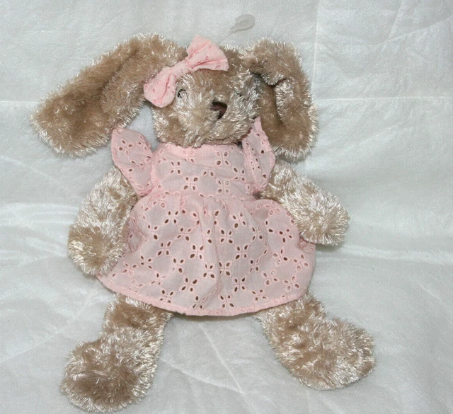 Bouchara Eurodif Doudou Peluche Lapin Beige Marron Robe Broderie Rose Noeud Neuf