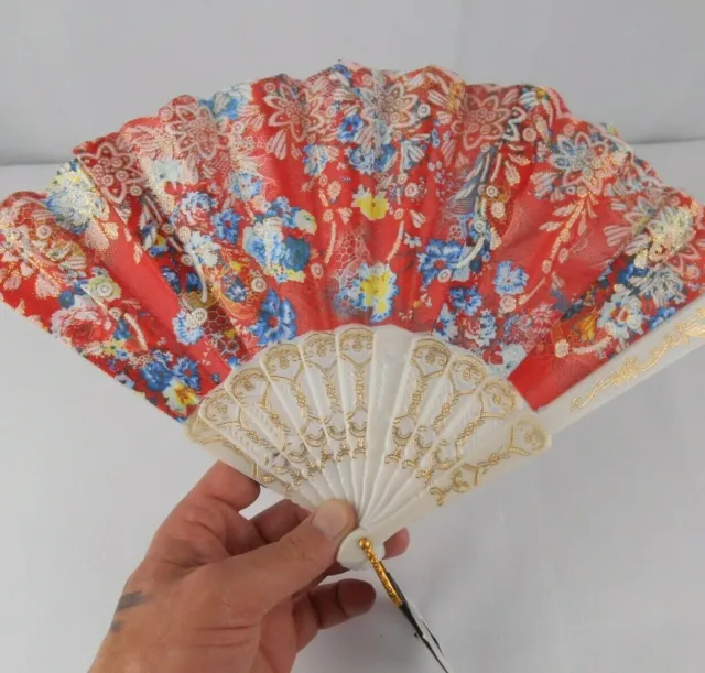 Hand Held Folding Fabric Floral Fan Lace Red White Gold Blue NWT **QUICK SHIP**