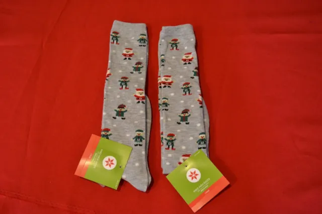 1 Set of 2 Pairs Women's Knee-High Socks Xmas "Santas & Elfs" One Size Fits Most