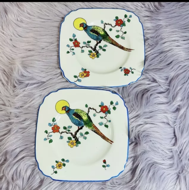 Crescent & Sons China England Bird Plate Art Deco Floral Pheasant George Jones
