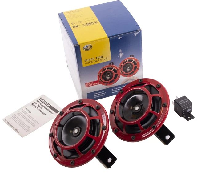 HELLA 003399803 Supertone 12V High Tone/Low Tone Twin Horn Kit with Red  Protective Grill, 2 Horns