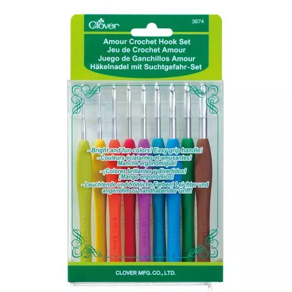 CLOVER Amour Crochet Hook Set of 9 Hooks Comfort Grip 3674 - Sizes 2.0 - 6.0mm