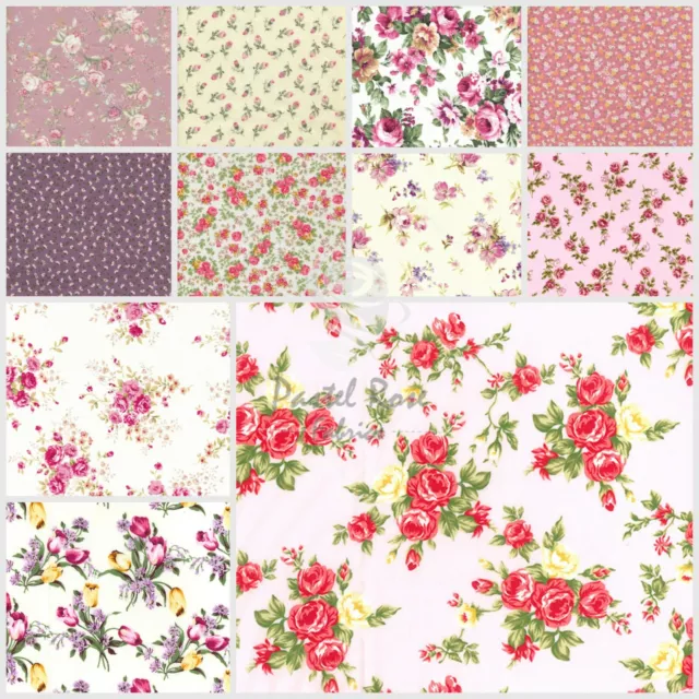 Classic Vintage Floral Roses 100% COTTON Poplin Fabric | Rose & Hubble