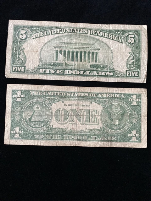 ✯RARE✯ Lot Pair $1 1935-1957, $5 1934 Blue Seal Silver Certificate Note Old Bill 4
