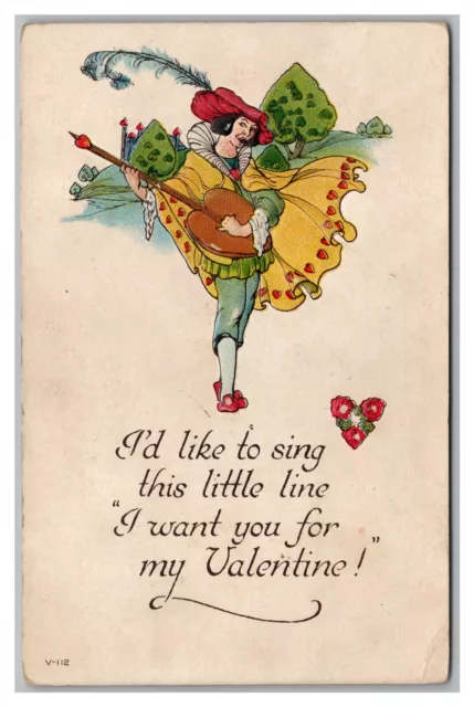 Postcard Valentine's Day Medieval Minstrel Lute Art Deco c1920s O19