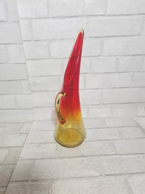 KANAWHA Vtg Crackle Amberina glass Vase Pitcher 14” Red Yellow Stretched Swung