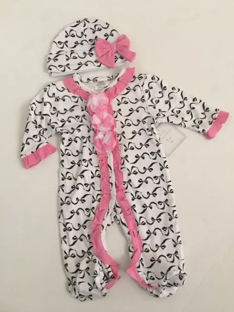 Baby Essentials Girl Coverall Hat Set Size NEWBORN 3 6 9 months Pink Ruffle Bows