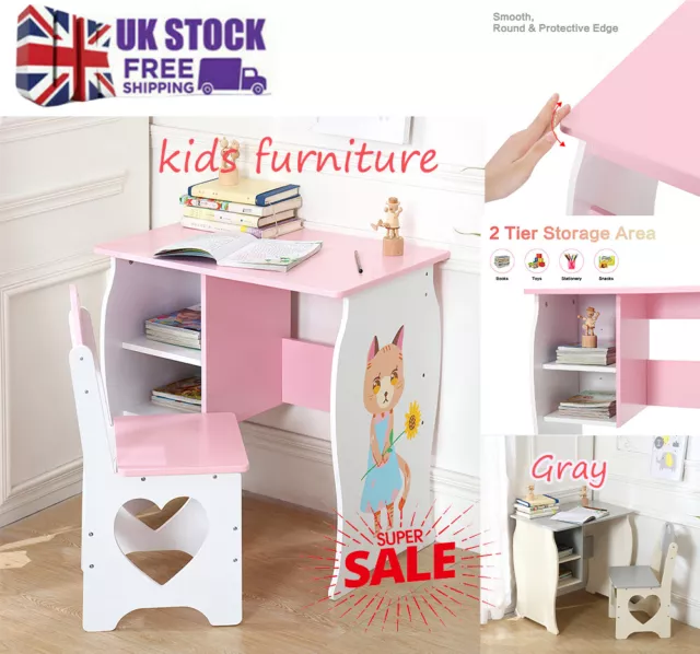 Wooden Kids Study Desk and Chair with Storage Shelf Children Table & Stool Set