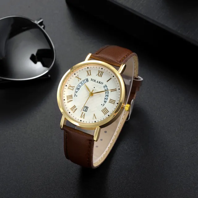 Men's Wrist Watch with Date Brown Leather Strap Classic Roman Numeral Dial