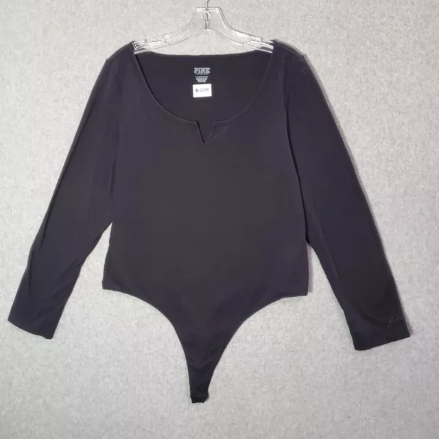 PINK Victoria's Secret Women Top XL Black Bodysuit Long Sleeve V Neck