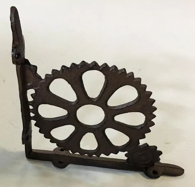 2 pc GEAR STEAMPUNK BRACKET vintage industrial look rustic antique brown patina 8