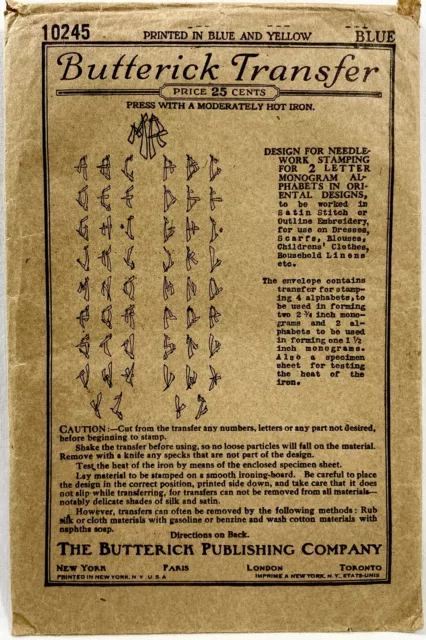 1910s Butterick Iron-On Embroidery Transfer Pattern 10245 Alphabet Antique 12646
