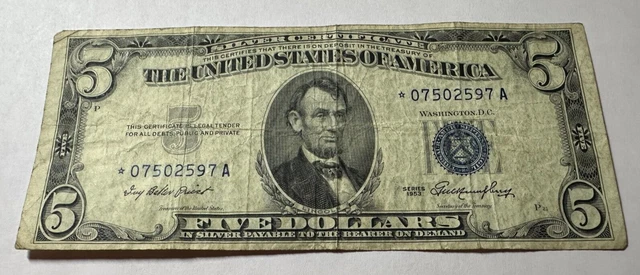 1953 $5 Dollar Bill Silver Certificate Blue Seal Note U.s Currency With A Star