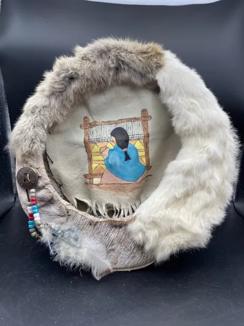 Modern Rabbit Fur Hide Leather Native American Indian Tribal Circular Basket 16”