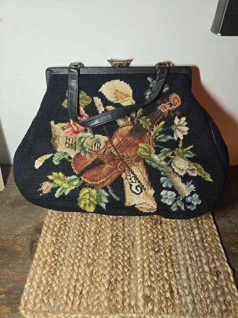 Vintage 50's Black Needlepoint Top Handle Carpet Bag Purse Floral Leather & Wool