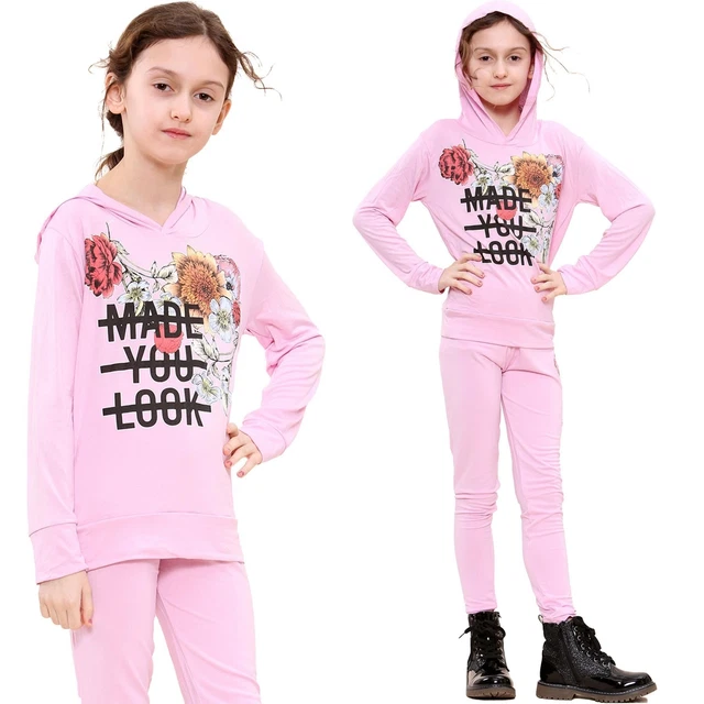 Top Bambina Fatto You Look Stampa Maniche Lunghe Rosa Cappuccio Legging Set 5-13