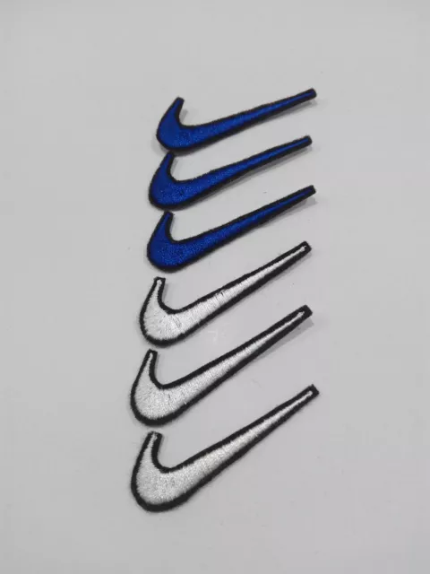 6 Parches bordadso para PEGAR estilo Nike 5/1,5 cm blanco y azul adorno ropa