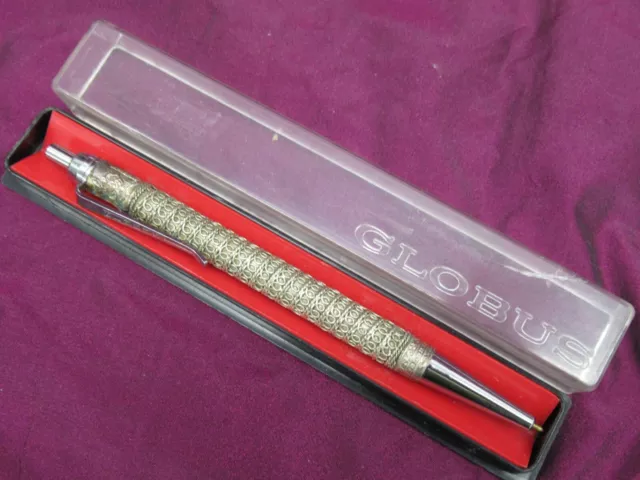 Vintage Globus, fancy Sterling Silver ball point pen with Menorah, script Israel