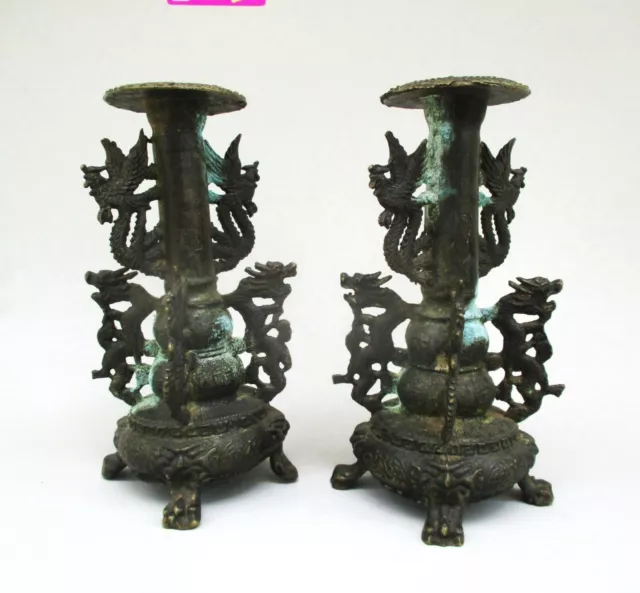 Pair of Antique Chinese Bronze Candlesticks with Dragons and Pheonix