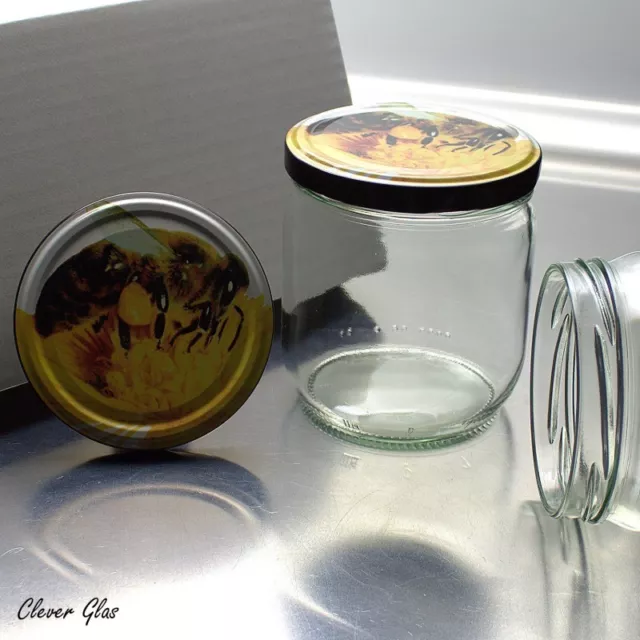 72 Honiggläser 500g / 425ml mit TO82 mit Bienendekordeckel - Biene mit Blüte