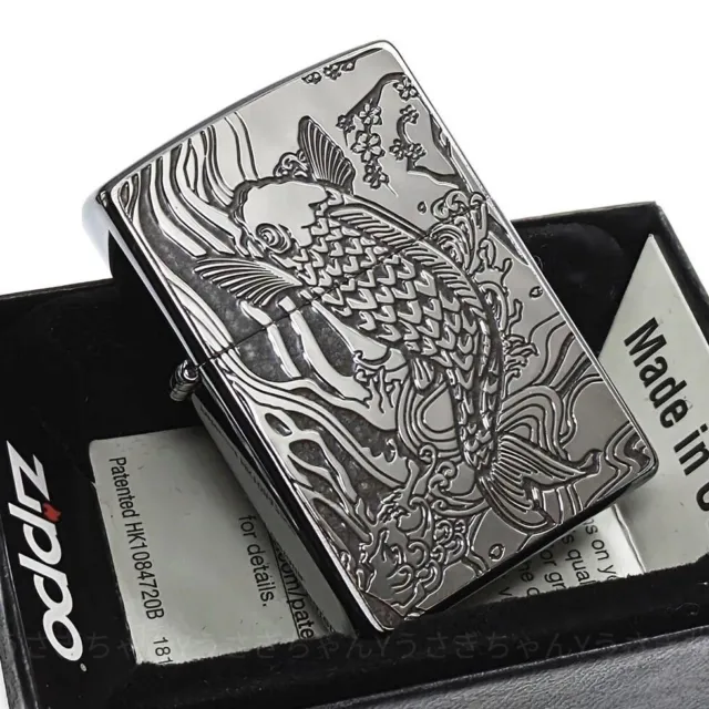 Zippo Climb Carp Japanese Pattern Black Silver 2 Sides Etching Lighter Japan