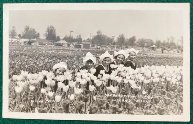 Tulip Fields Holland Michigan Dutch Girls Real Photo Postcard RPPC MI 1930's