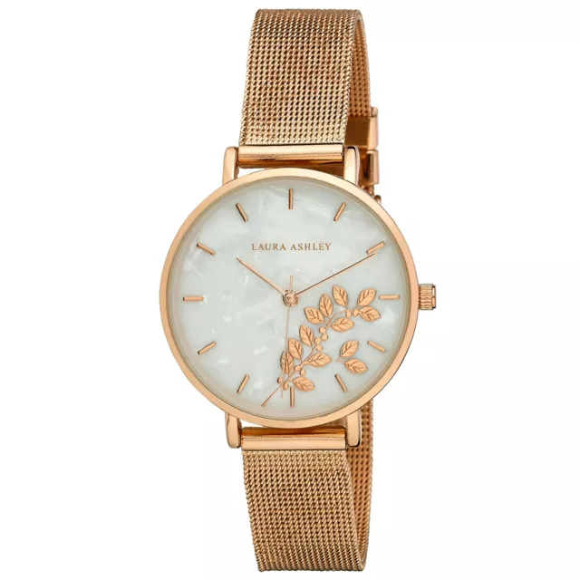 Laura Ashley Womens 34mm Engraved Floral Printed Mesh Strap Watch