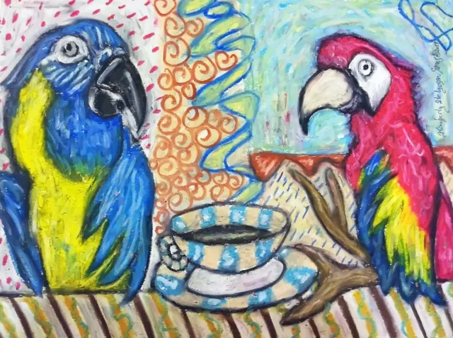 MACAW Drinking Coffee Exotic Bird Parrot Art Giclee Print 8.5 x 11 Signed Artist