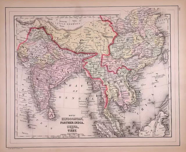 1887 Map ~ HINDOOSTAN - FARTHER INDIA - SIAM, TIBET, ANAM, CHINA (12X15)-#1795