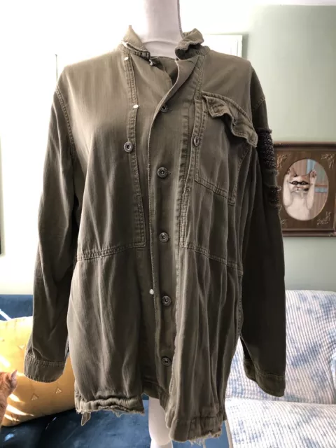 Free People distressed army green shirt jacket with beaded arm badges Large