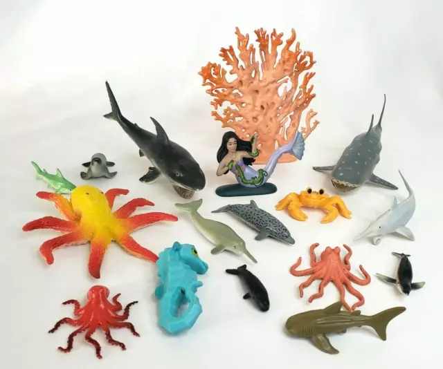 Plastic Sea Life Animal Toys x17 Various Sizes Shark Dolphin Octopus Mermaid Lot