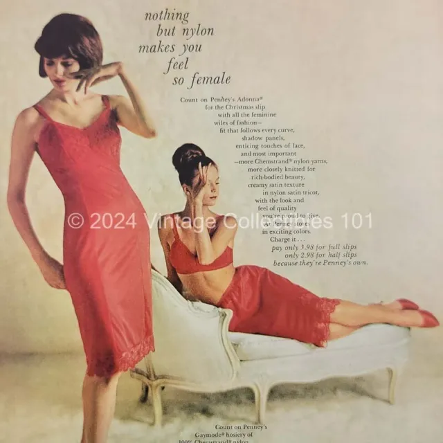 1963 Penney's Adonna Red Satin Lace Slip stockings fashion photo art print ad