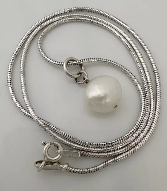 Signed “925”Sterling Silver Snake Chain Necklace With White Cultured Pearl Charm