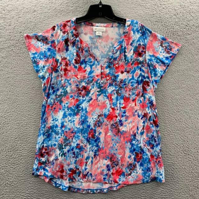 LIZ CLAIBORNE Blouse Womens XL Top Floral Short Sleeve Extra Large Blue