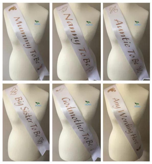 Baby Shower Sash Mummy To Be Nanny Big Sister Gender Reveal White Sash Gold Text