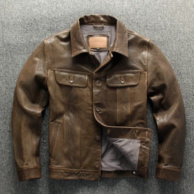 GENUINE LEATHER JACKET Men's Retro Sheepskin Slim Fit Lapel Leather ...