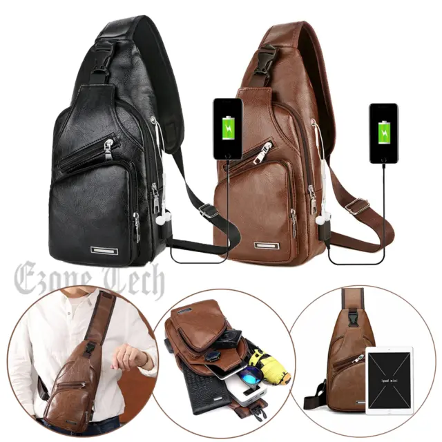 Mens Sling Backpack PU Leather Cross Body Chest Bag Fanny Packs USB Charging NEW