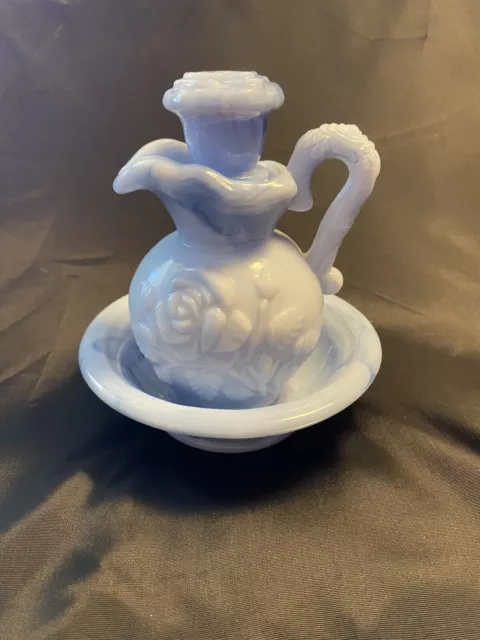 Avon Blue Swirl Milk Glass Pitcher Stopper Bowl With Rose Victorian Style 5” T