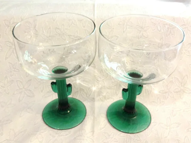 Vintage Margarita Martini Glasses Green Ribbed Glass 12 oz Cactus Stem Set of 2