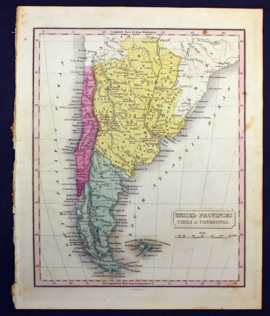 1832 United Provinces Chili & Patagonia M. Malte-Brun Color Map Argentina
