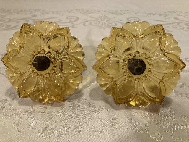 2 Vintage Art Deco Pressed Amber Glass Flower Shaped Curtain Tie Backs 4 1/4"