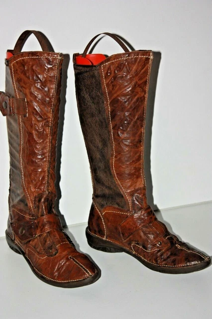 Bottes Pointues Bohème Cuir Fripé Elastiqué Marron Talons Plats T 38 TBE